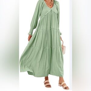 R Vivimos boho tiered maxi dress shirring detail light green XL